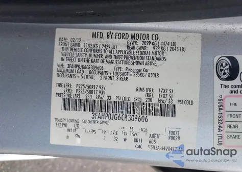 2012 Ford Fusion Sel z USA, uszkodzony, nr VIN 3FAHP0JG6CR309606